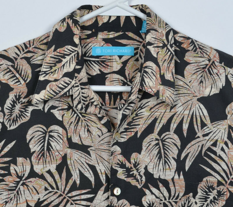 Tori Richard Men's Small Floral Palm Leaves Black Cotton Lawn Hawaiian Shirt