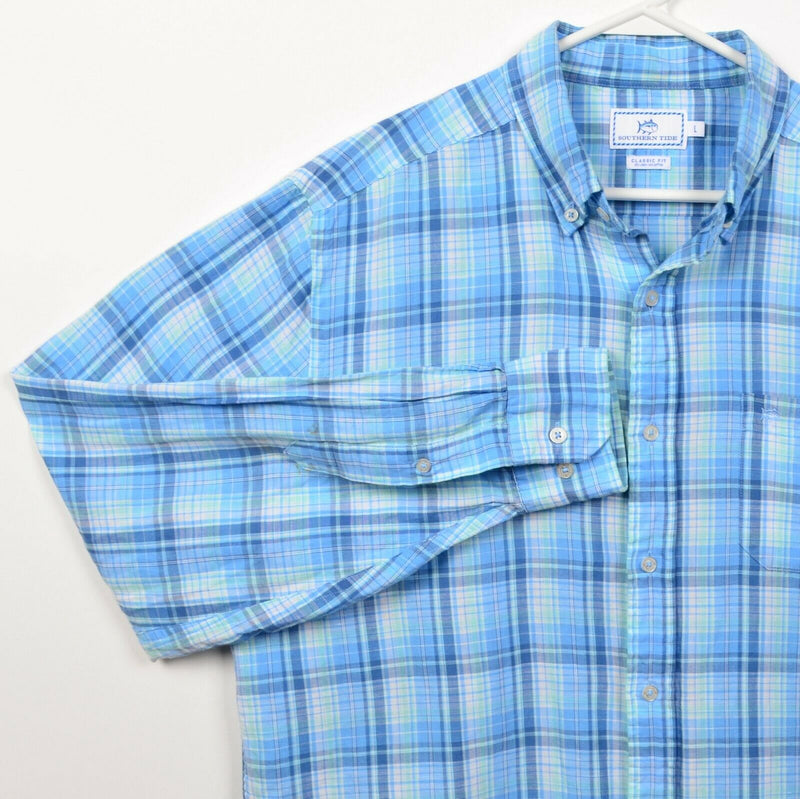 Southern Tide Men's Large Classic Fit Linen Blend Blue Plaid Button-Down Shirt