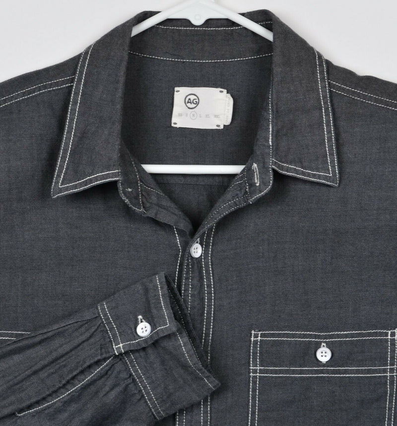 AG Adriano Goldschmied Men's Medium Gray Chambray Stitch Button-Front Shirt