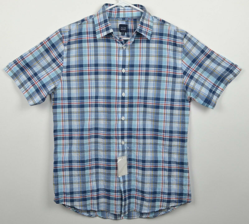 Blue Saks Fifth Avenue Men's Small Blue Plaid Cotton Spandex Short Sleeve Shirt