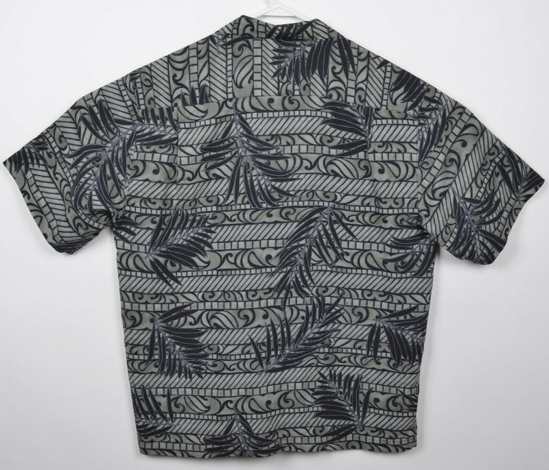 Tommy Bahama Men's Large 100% Silk Black Gray Floral Hawaiian Aloha Shirt