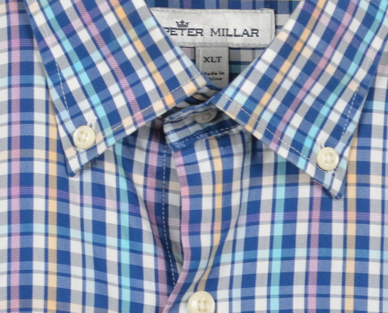 Peter Millar Crown Sport Men's XLT Cotton Silk Blue Plaid Button-Down Shirt