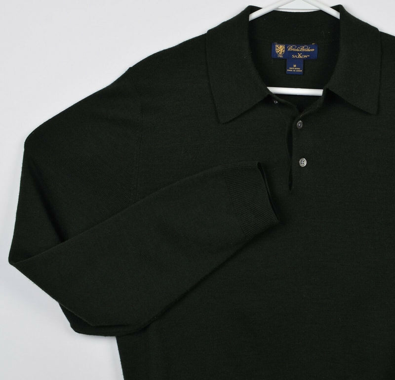 Brooks Brothers Men's Medium 100% Saxxon Wool Dark Green Collared Sweater