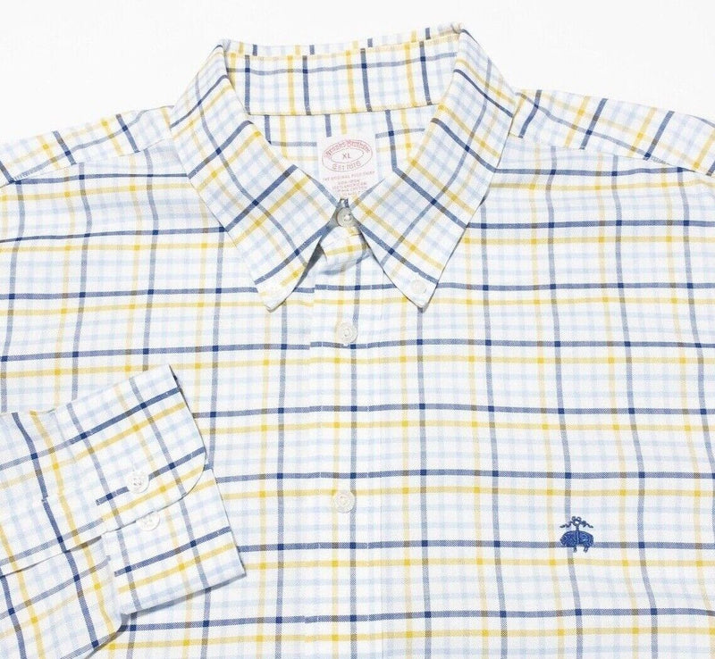 Brooks Brothers XL Shirt Men's Yellow Blue Check Button-Down Non-Iron Logo