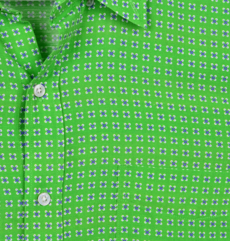 J. McLaughlin Men's Sz Large Trim Linen Blend Green Geometric Long Sleeve Shirt