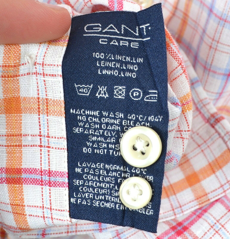 GANT Men's XL 100% Linen Pink Orange Plaid Ivy Linen Button-Down Shirt