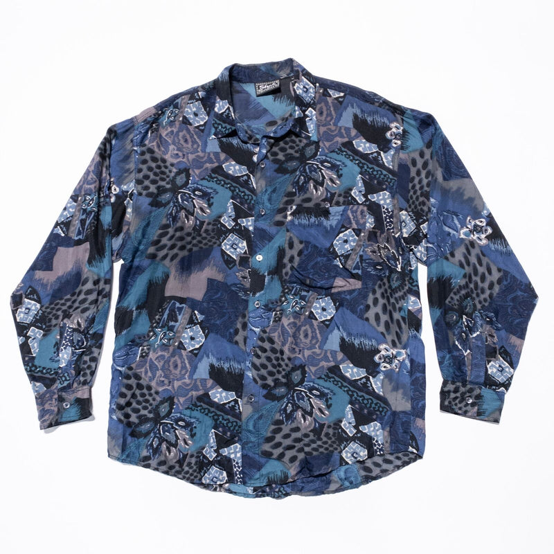 Vintage Shah Safari Silk Shirt Men's Large 90s Abstract Blue Button Up Artsy