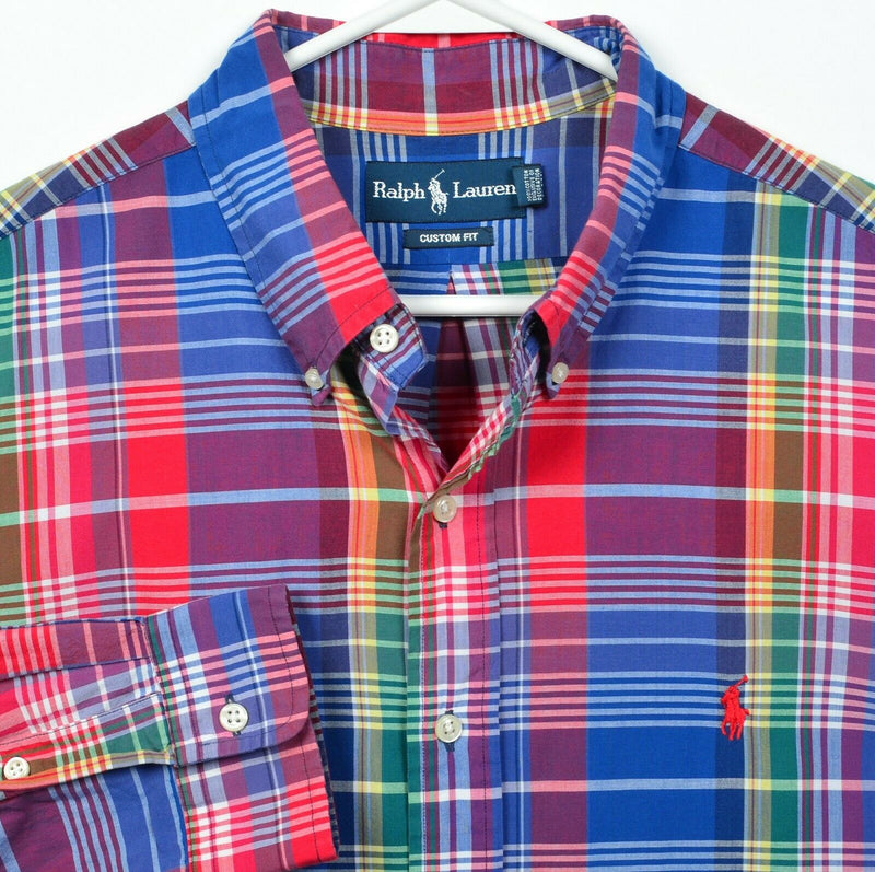 Polo Ralph Lauren Men XL Indian Madras Blue Red Colorful Plaid Button-Down Shirt