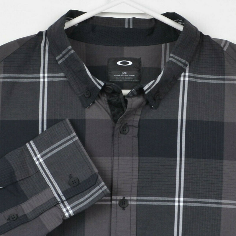 Oakley Men's Large Regular Fit Gray Plaid Cotton Elastane Button-Down Shirt