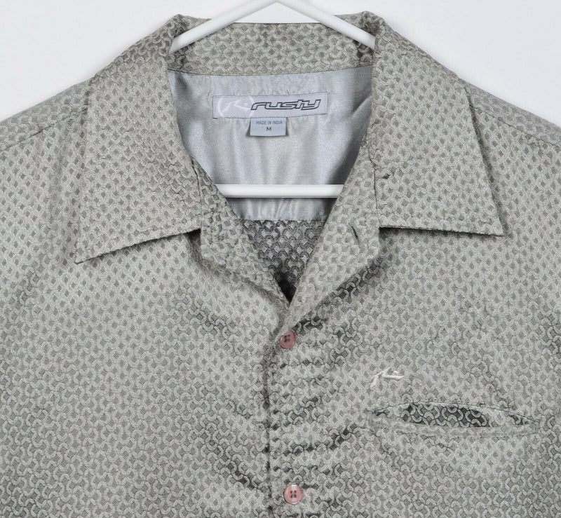 Rusty Surf Men's Medium Shiny Gray Geometric Disco Party Button-Front Shirt