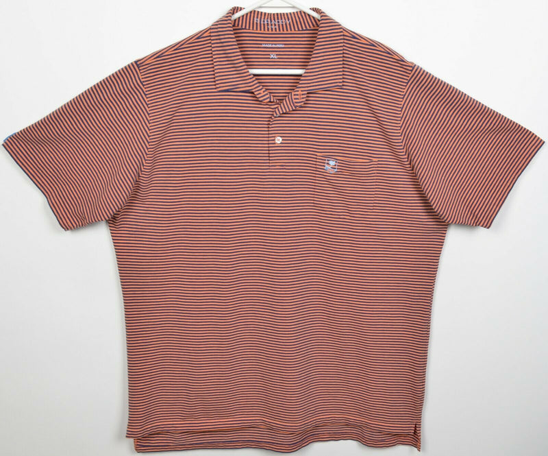 B. Draddy Men's XL Orange Navy Blue Striped Pima Cotton Golf Pocket Polo Shirt