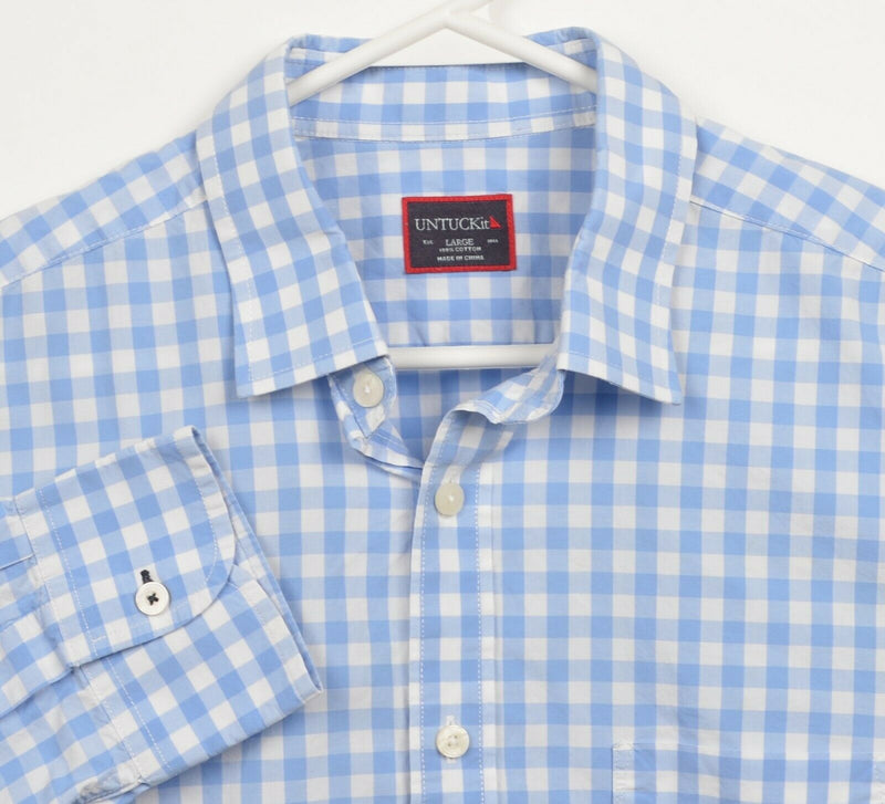 UNTUCKit Men's Large Blue White Gingham Check Plaid Casual Button-Front Shirt