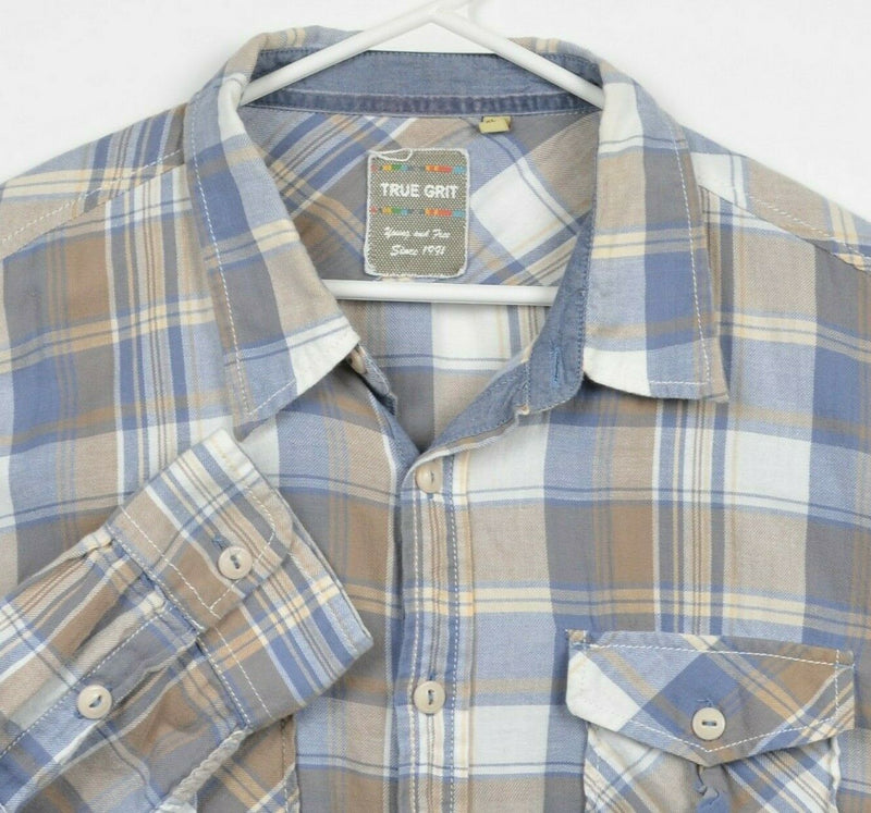 True Grit Men's XL Blue Brown Plaid Long Sleeve Button-Front Shirt
