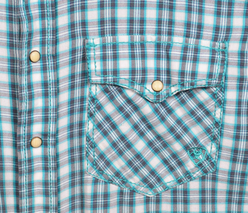 Ariat Men's XL Retro Fit Pearl Snap Blue Gray Plaid Western Rockabilly Shirt