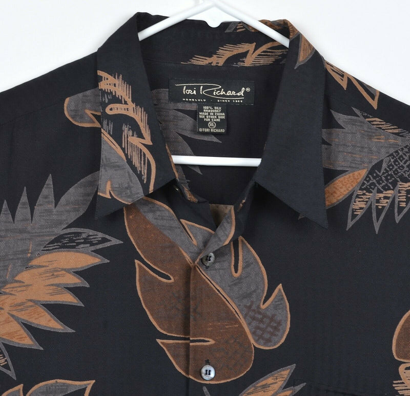 Tori Richard Men's XL 100% Silk Floral Palm Leaves Black Brown Hawaiian Shirt