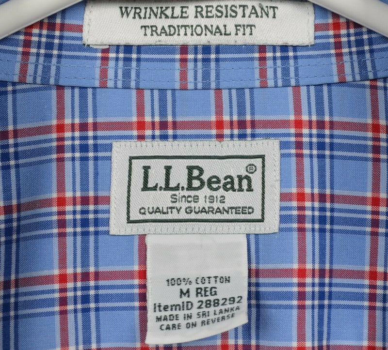 LL Bean Men's Medium Wrinkle Resistant Blue Red Plaid Kennebunk Sport Shirt