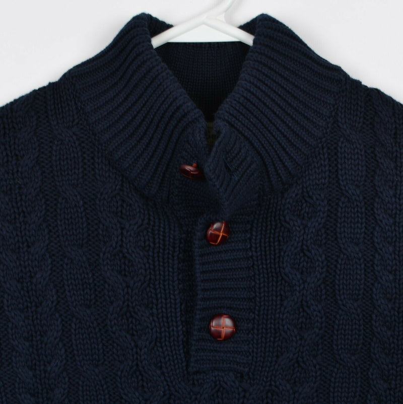 LL Bean Men's Medium Cable-Knit Navy Blue Henley Collar Fisherman Sweater