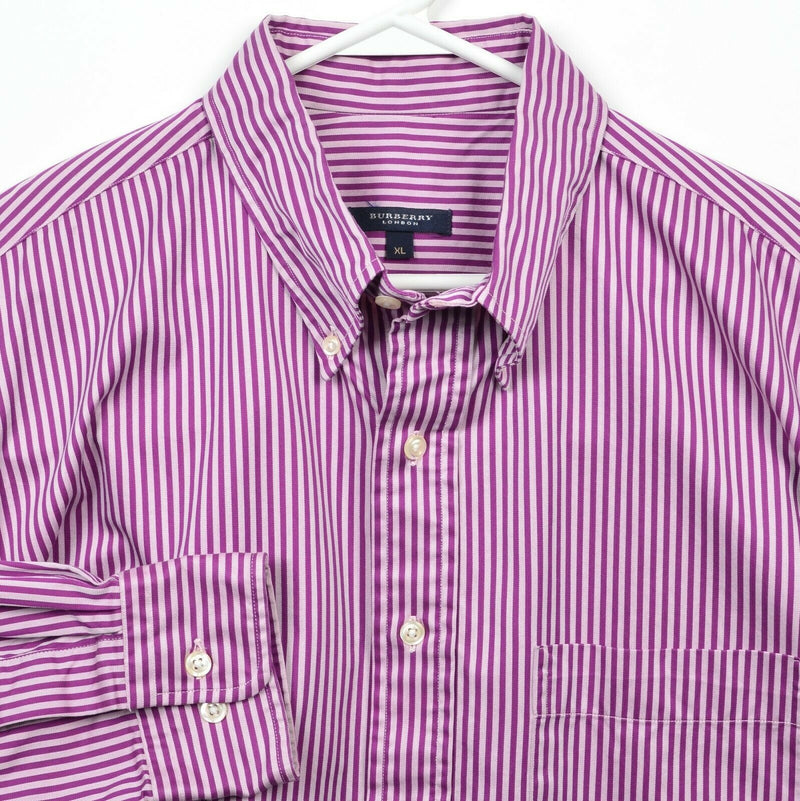 Burberry London Men's XL Purple Striped Vintage 90s USA Button-Down Shirt