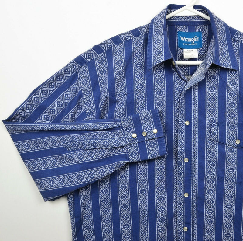 Wrangler Men's Large Pearl Snap Blue Geometric Striped Western Rockabilly Shirt