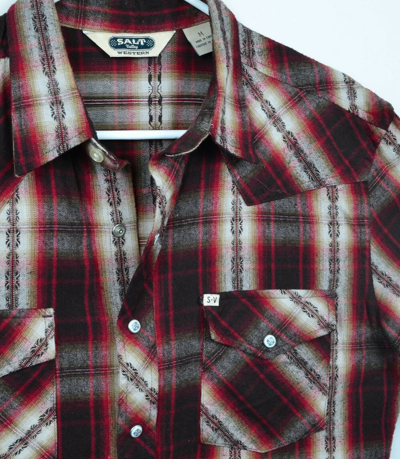 Salt Valley Western Men's Sz Medium Pearl Snap Red Plaid Geometric Flannel Shirt
