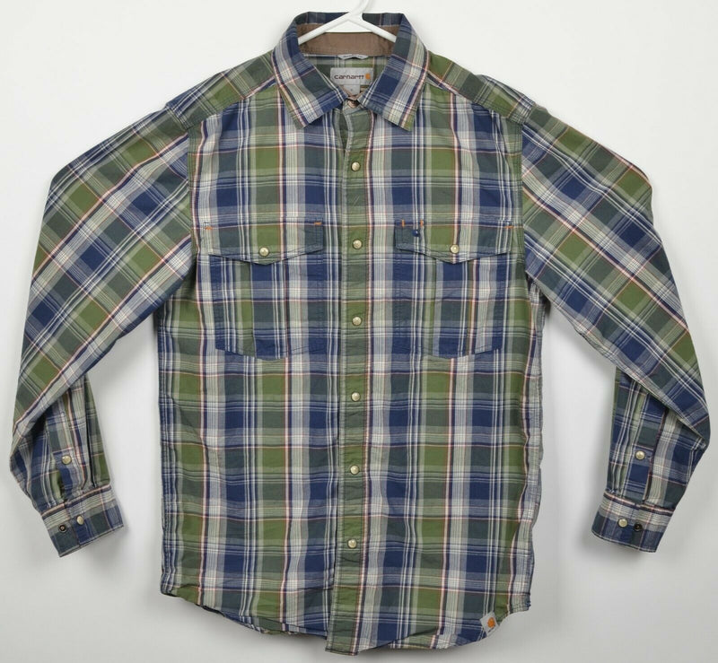 Carhartt Men's Small Regular Fit Pearl Snap Blue Green Plaid Western Shirt