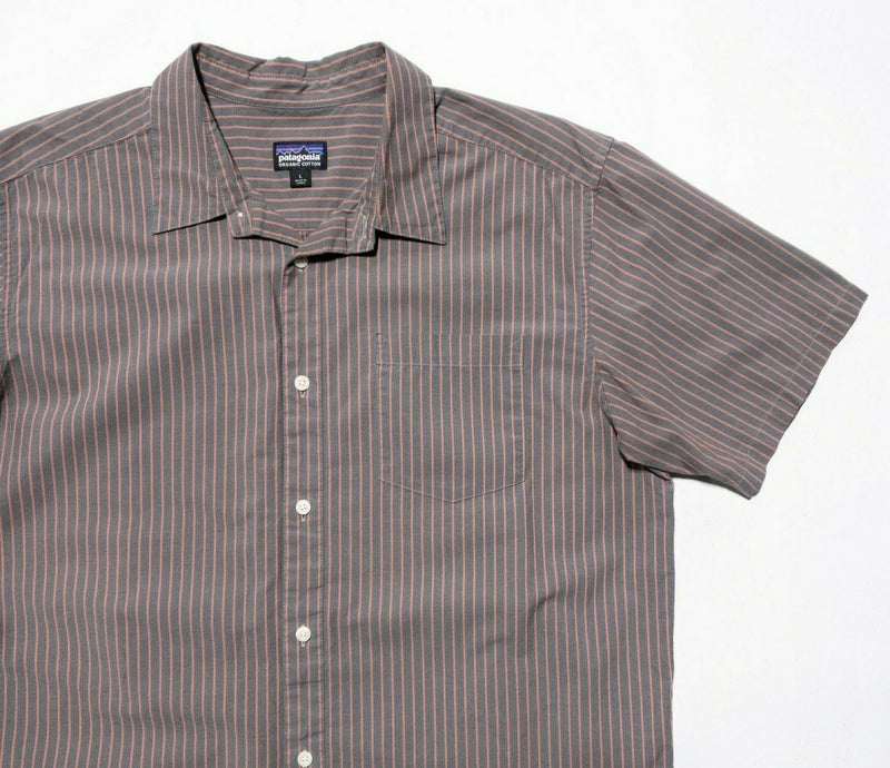 Patagonia Fezzman Shirt Large Men's Short Sleeve Button-Front Gray Pink Striped