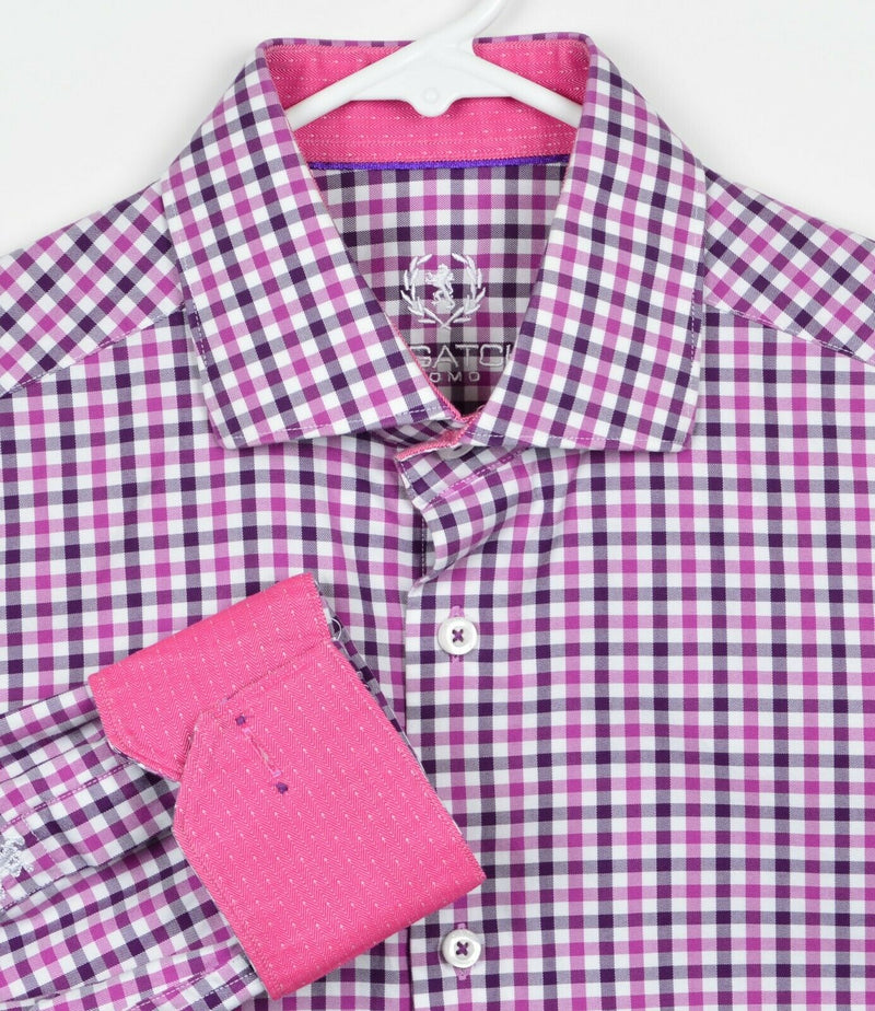 Bugatchi Uomo Men's Sz 15.5 Flip Cuff Pink Purple Plaid Check Long Sleeve Shirt