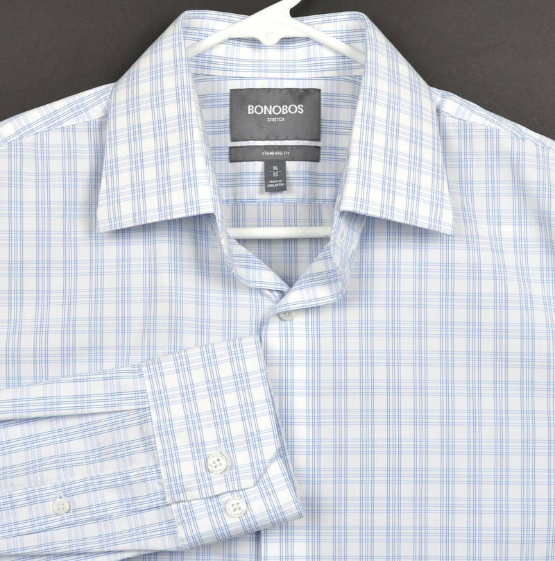 Bonobos Stretch Men's Sz 16/35 Standard Fit Blue White Plaid Dress Shirt