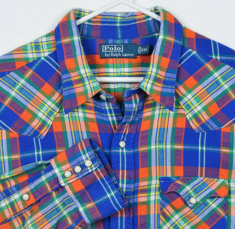 Polo Ralph Lauren Men's 2XL Pearl Snap Blue Orange Plaid Aztec Flannel Shirt