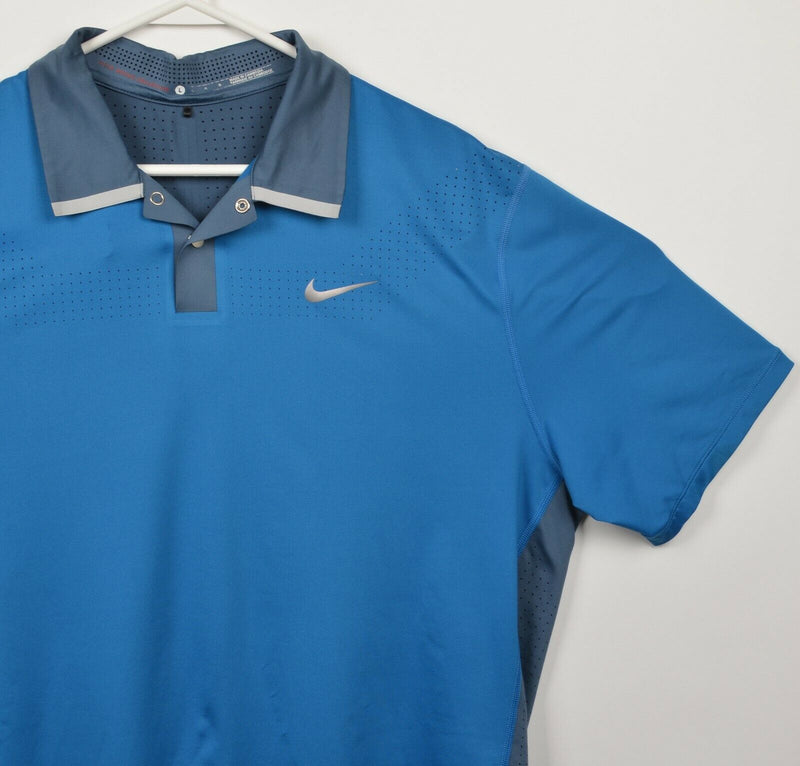 Nike Golf Tiger Woods Collection Men's Large Blue Swoosh Snap Vented Polo Shirt