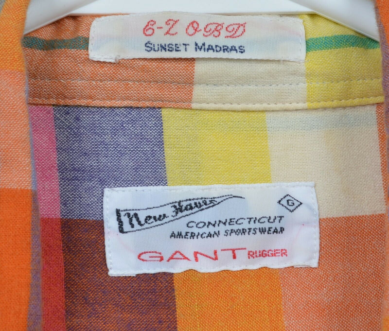 GANT Men Medium "Sunset Madras" Colorful Pink Red Orange Plaid Button-Down Shirt