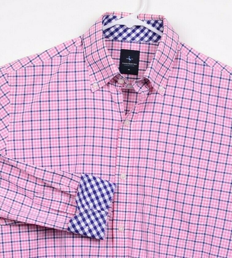 Tailorbyrd Men's Sz Medium Flip Cuff Pink Navy Plaid Check Long Sleeve Shirt