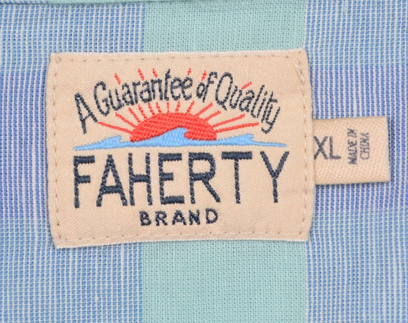 Faherty Men's Sz XL Blue Turquoise Plaid Check Cotton Linen Blend Shirt
