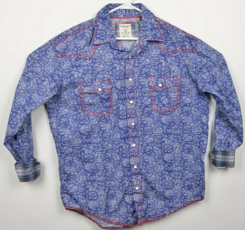 Panhandle Rough Stock Men's Large Pearl Snap Flip Cuff Blue Geometric Shirt
