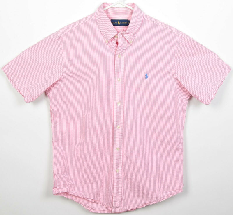 Polo Ralph Lauren Men's Medium Seersucker Pink Striped Pony Button-Down Shirt