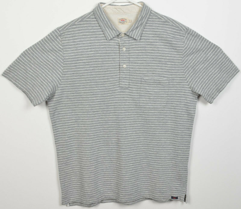 Faherty Brand Men's Large Gray Striped Short Sleeve Pocket Polo Shirt