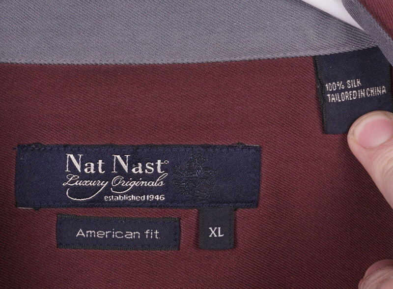 Nat Nast Men's XL American Fit Silk Burgundy Red Panel Bowling Hawaiian Shirt