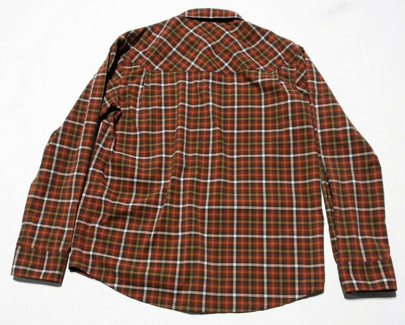 Stio Pearl Snap Nylon Blend Shirt Orange Brown Check Rockabilly Men's Large