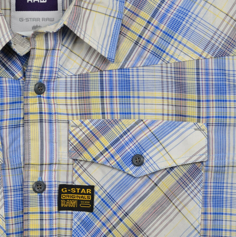 G-Star Raw Men's Sz XL Blue Yellow Plaid Graphic Short Sleeve Button-Front Shirt