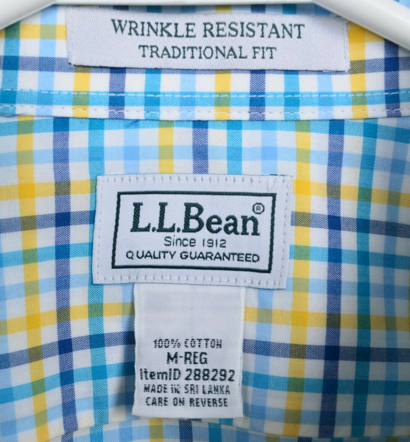 L.L. Bean Men's Medium Wrinkle Resistant Blue Yellow Check Button-Down Shirt