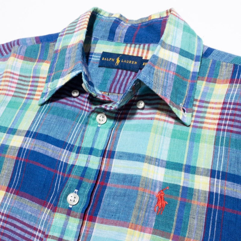 Polo Ralph Lauren Linen Shirt Men's XS Plaid Blue Indian Madras Button-Up