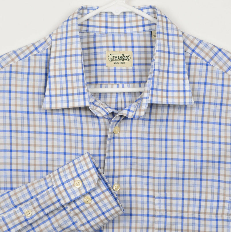 Gitman Bros. Men's Sz XL Blue White Brown Plaid Long Sleeve Made in USA Shirt