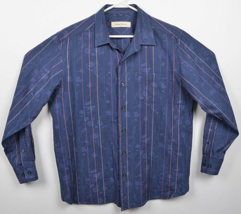 Tommy Bahama Men's Large Cotton Silk Floral Blue Striped Button-Front Shirt