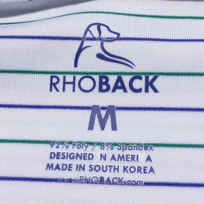 Rhoback Polo Shirt Men's Medium White Purple Green Striped Wicking Dog Logo Golf