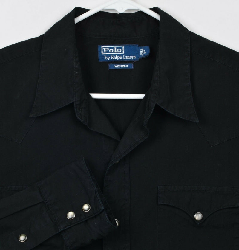 Polo Ralph Lauren Men's Sz Large Pearl Snap Western Rockabilly Solid Black Shirt