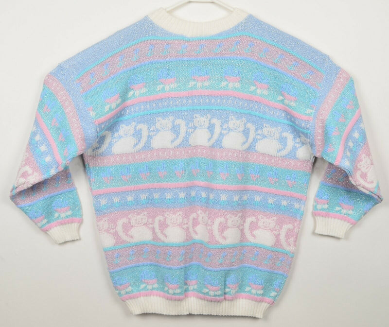 Vintage 80s Rose Women's XL? Pastel Sparkle Fairy Kei Kawaii Cat Sweater