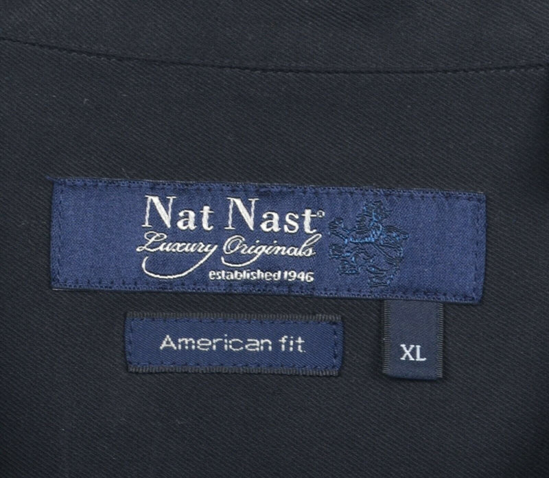 Nat Nast Men's Sz XL American Fit 100% Silk Black Tan Stripe Panel Bowling Shirt