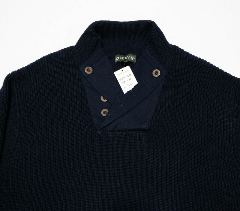 Orvis Men's Large Wool Mechanic Navy Blue High Neck Rib Knit Pullover Sweater
