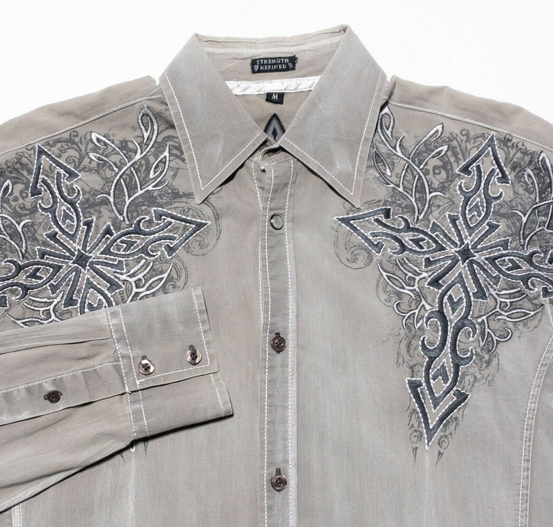 Roar Buckle Tribal Cross Embroidered Shirt Gray Distressed Men's Medium