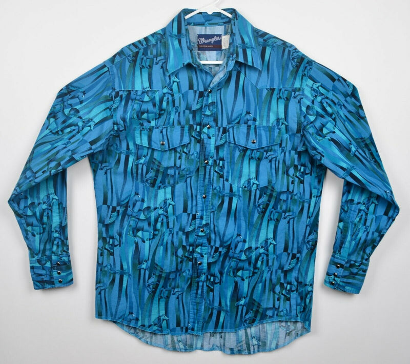 Wrangler Men's Large Pearl Snap Horses Blue Turquoise Western Rockabilly Shirt